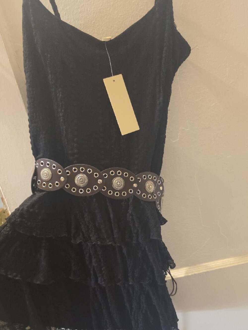 Black Tiered Lace Slip Dress with Decorative Belt - Picture 5 of 5